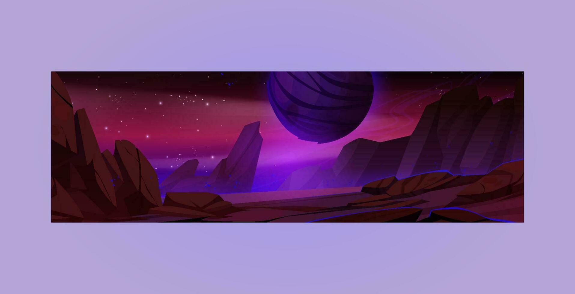 Alien planet surface, futuristic landscape background with glowing moon or satellite above rock cliff in dark starry sky. Fantasy mountains, book or computer game scene, Cartoon vector illustration