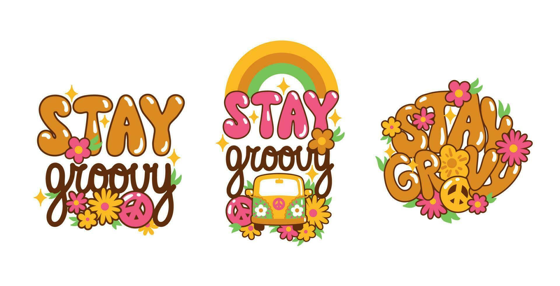 Stay groovy - short phrase in style 70s. Hippy culture. Logo for t-shirt and others summer print. Set of icons.  Vector. vector