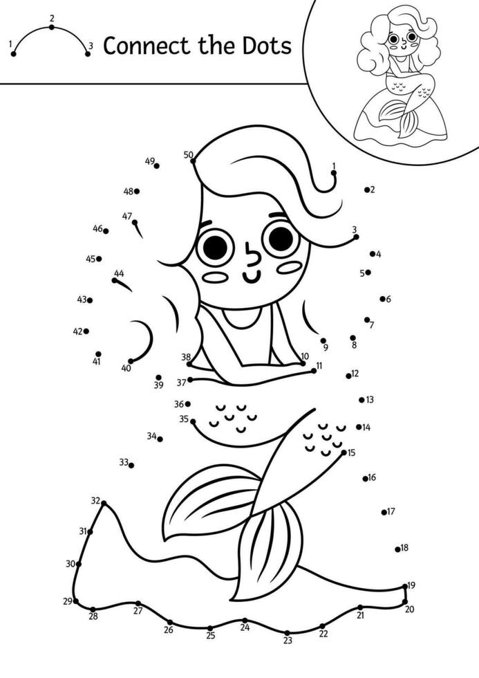 Vector dot-to-dot and color activity with cute mermaid. Treasure island connect the dots game for children with girl. Sea adventures coloring page for kids. Printable worksheet with numbers
