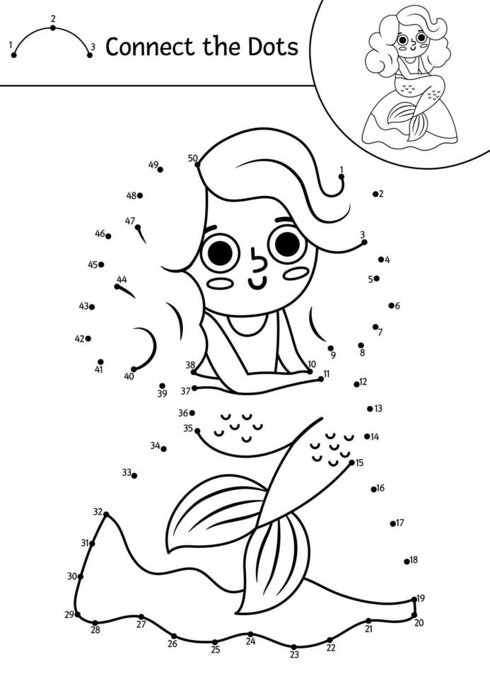 Vector dot-to-dot and color activity with cute mermaid. Treasure island connect the dots game for children with girl. Sea adventures coloring page for kids. Printable worksheet with numbers