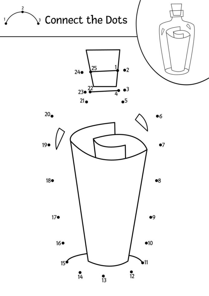 Vector dot-to-dot and color activity with pirate bottle with letter inside. Treasure island connect the dots game. Sea adventures coloring page for kids. Printable worksheet with numbers