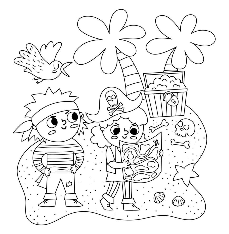 Black and white vector pirate kids with map looking for treasure chest. Cute line treasure hunt scene with children. Tropical island hunters illustration or coloring page. Funny pirate party element