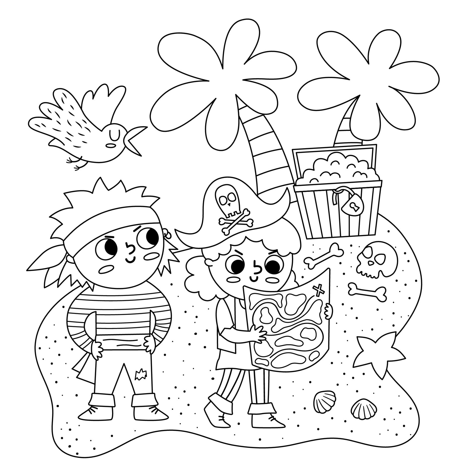 Black and white vector pirate kids with map looking for treasure chest