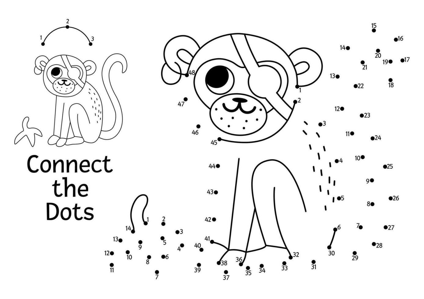 Vector dot-to-dot and color activity with cute pirate monkey. Treasure island connect the dots game with funny animal. Sea adventures coloring page for kids. Printable worksheet with numbers