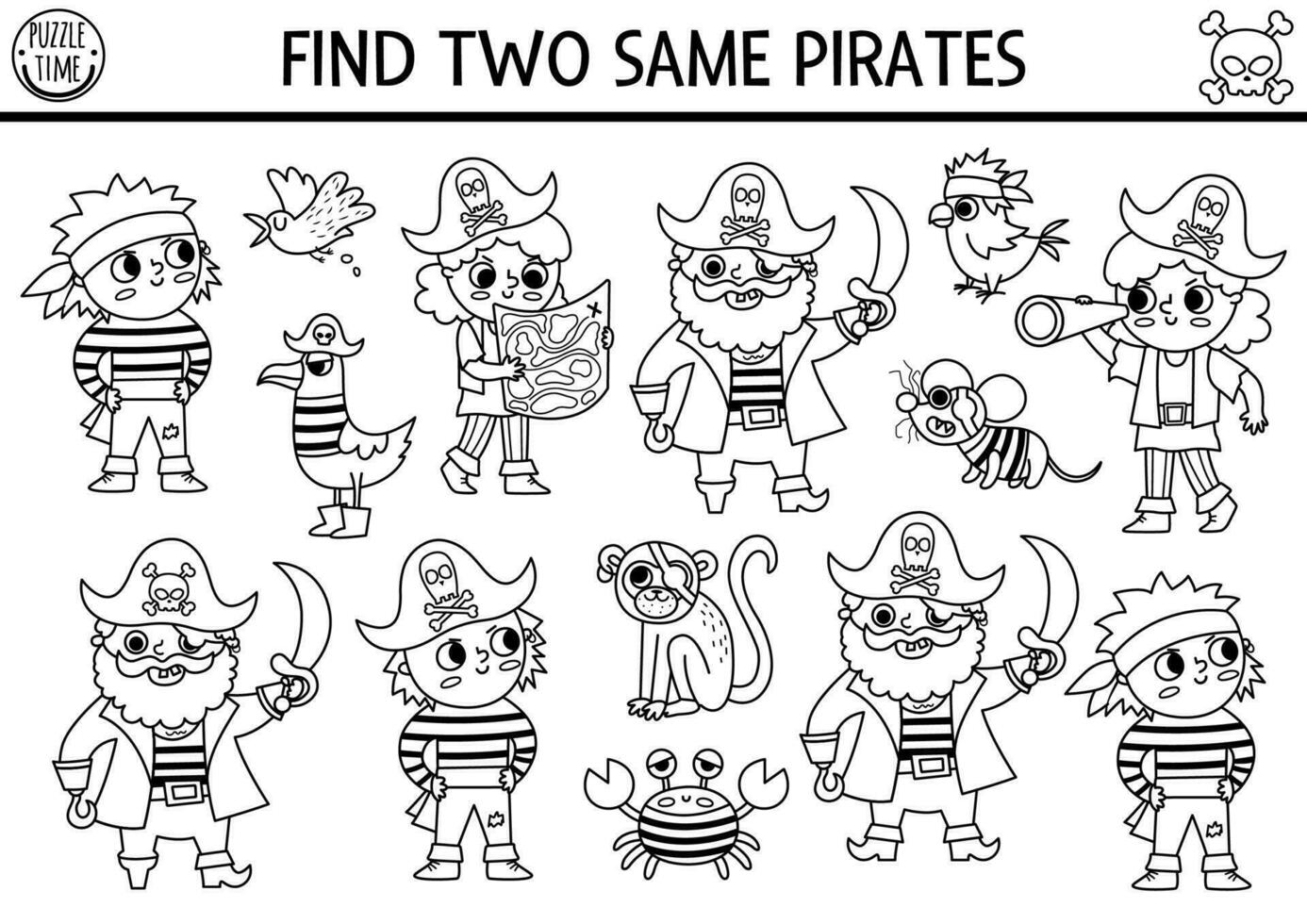 Black and white find two same pirates. Treasure island line matching activity for children. Sea adventures educational quiz worksheet or coloring page for kids for attention skills vector