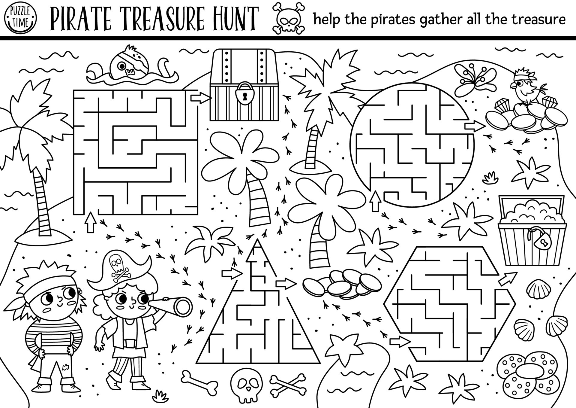 Black and white pirate maze for kids treasure hunt line preschool