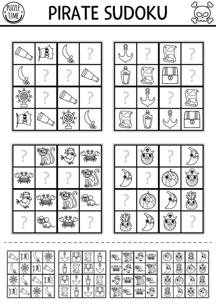 Black and white vector pirate sudoku puzzle for kids with pictures. Simple line treasure island quiz with answer. Education activity or coloring page. Draw missing objects