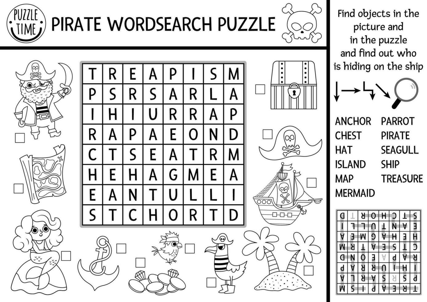 Black and white vector pirate word search puzzle for kids. Simple line treasure island word search quiz for children. Coloring page or activity with ship, parrot, map, chest. Treasure hunt cross word