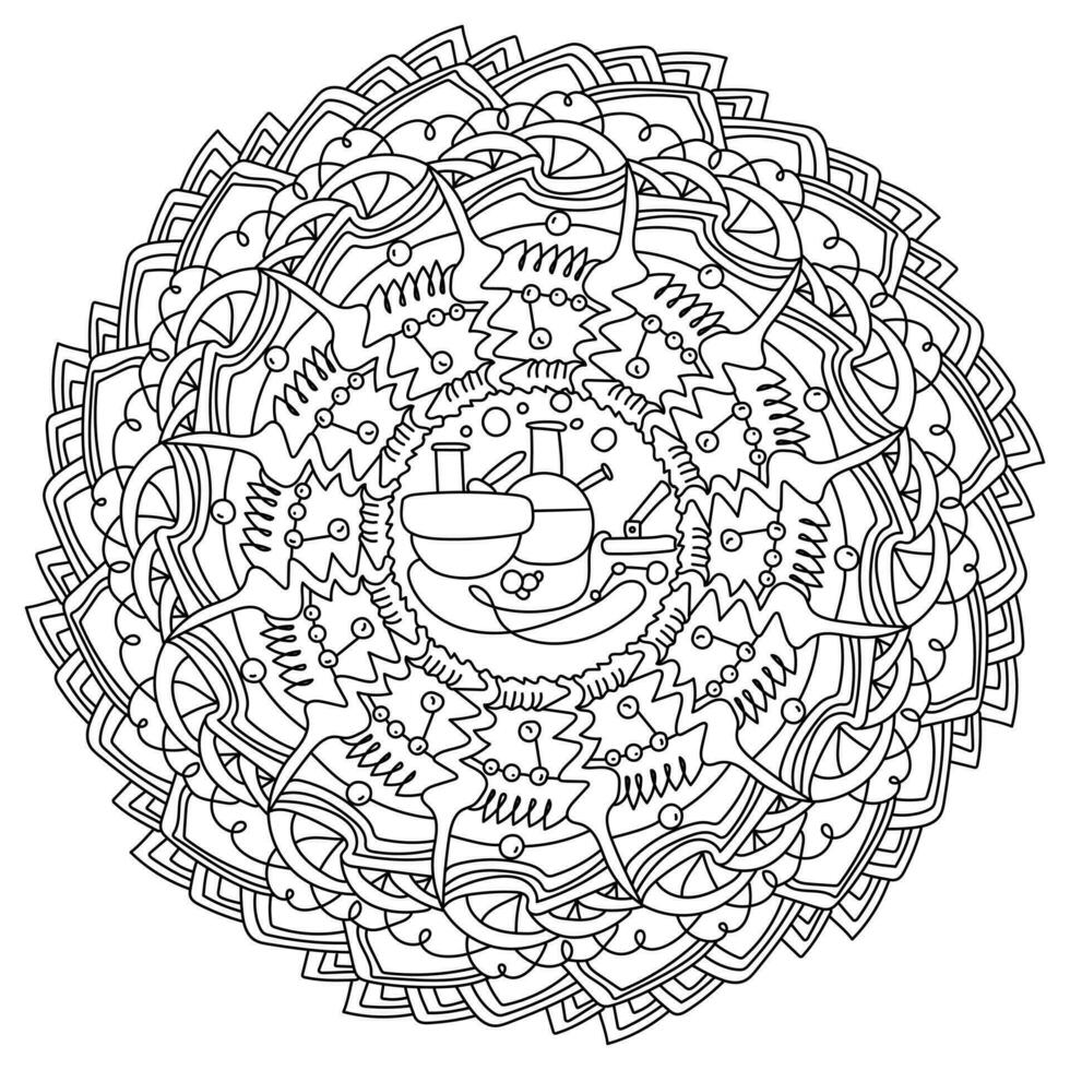 Outline mandala on a scientific theme, meditative coloring page with scientific equipment and ornate patterns vector