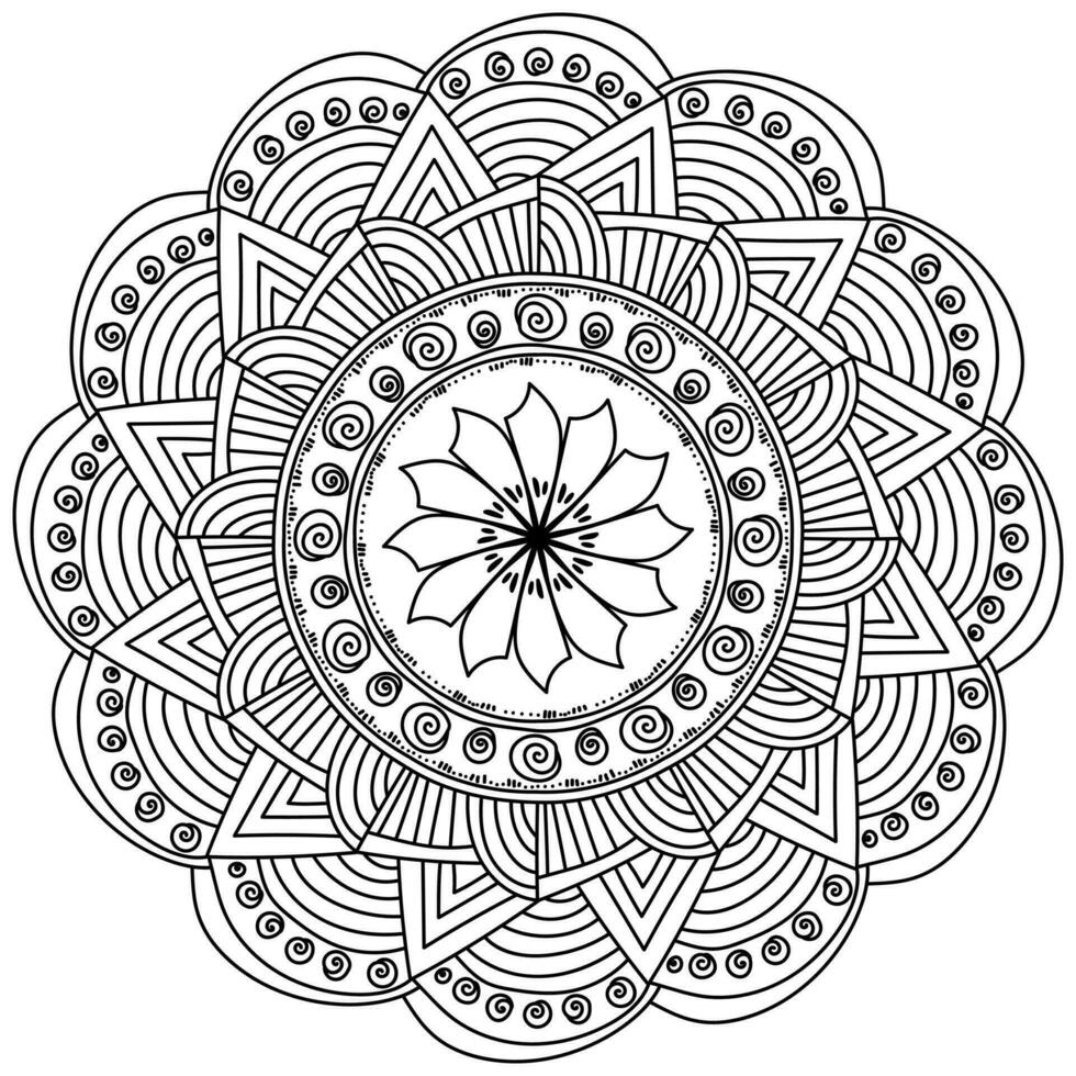 Abstract mandala with striped motifs and a flower in the center, meditative coloring page vector