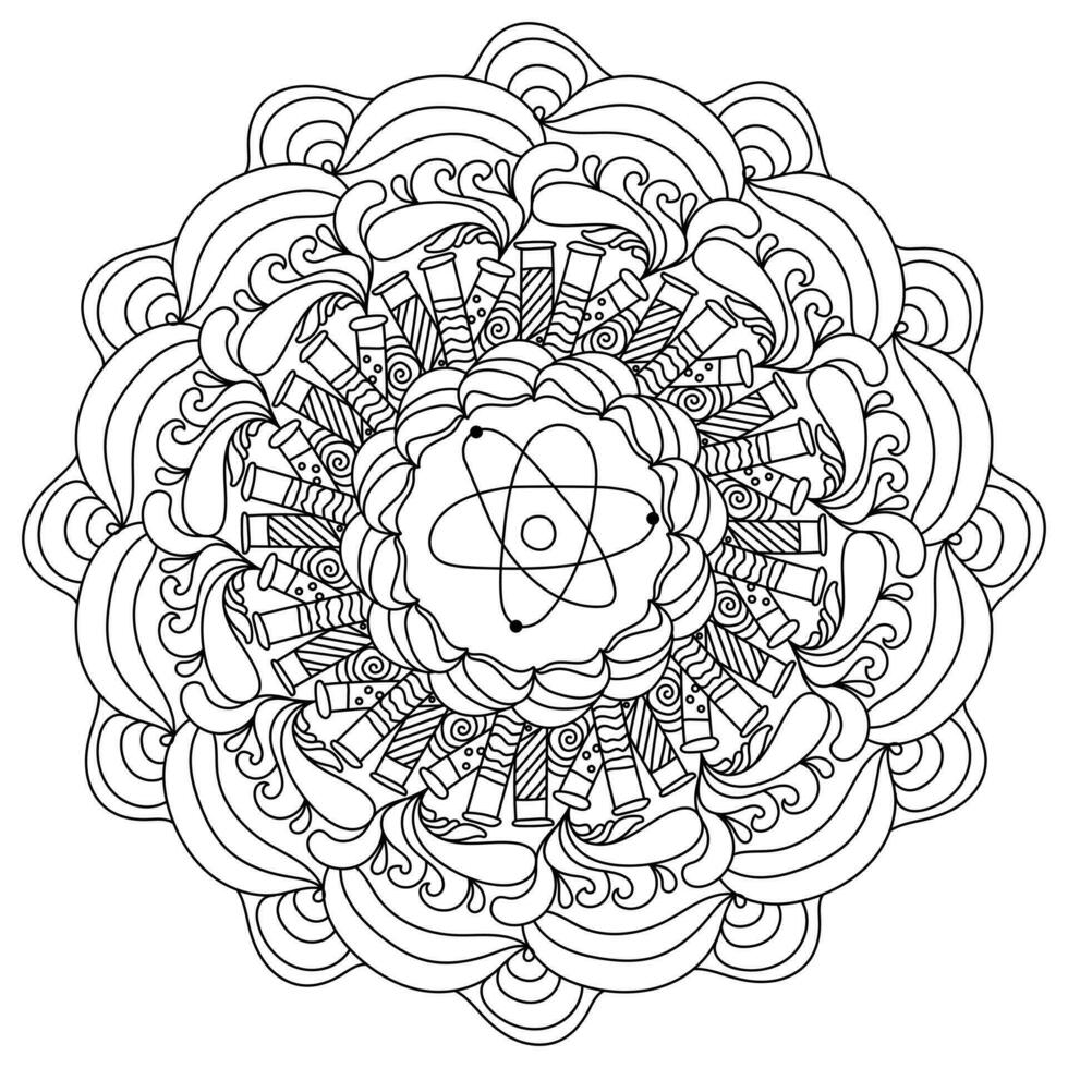 Contour mandala on a scientific theme, meditative coloring page with a set of test tubes and ornate patterns vector