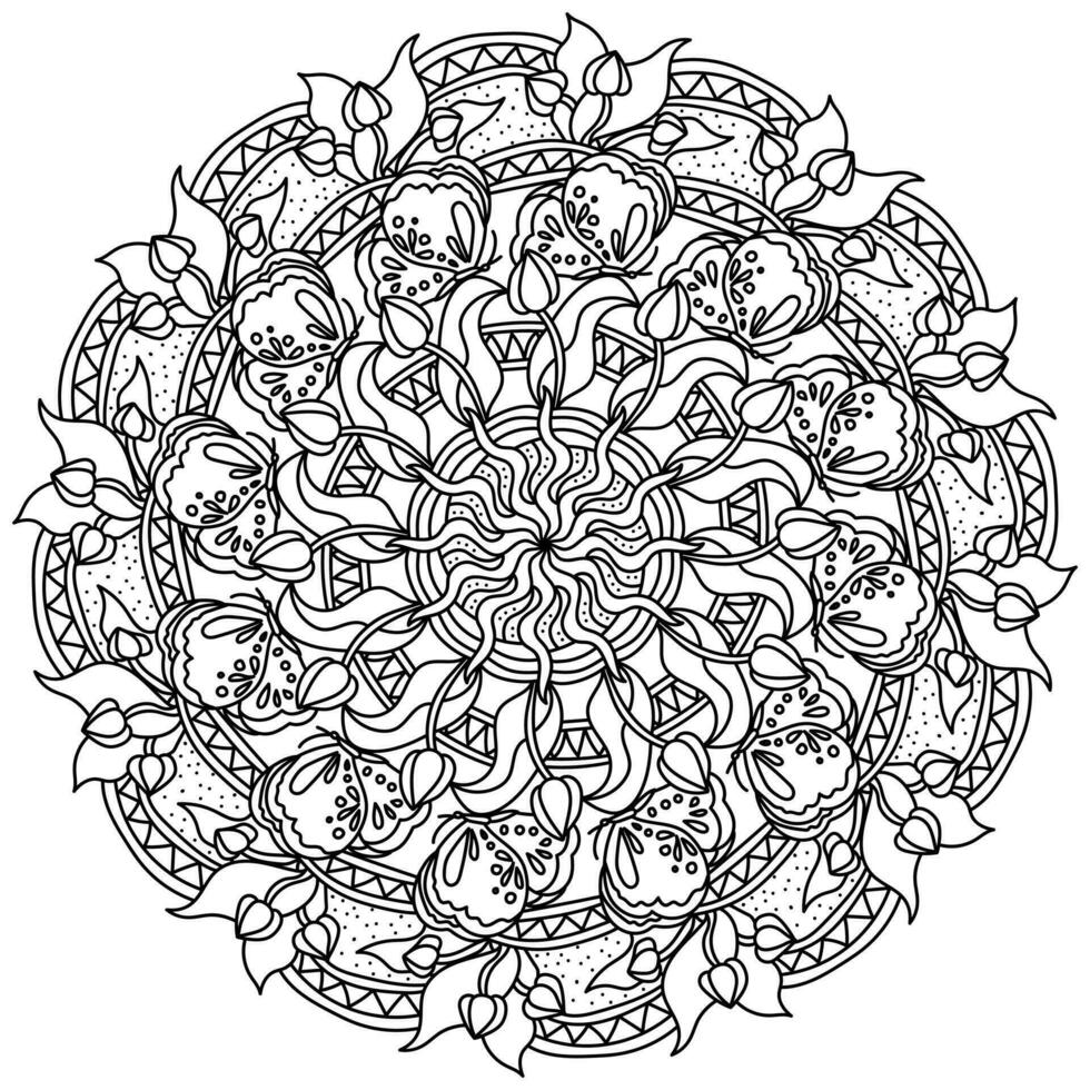 mandala with butterflies and tulips, meditative coloring page with ornate lines vector
