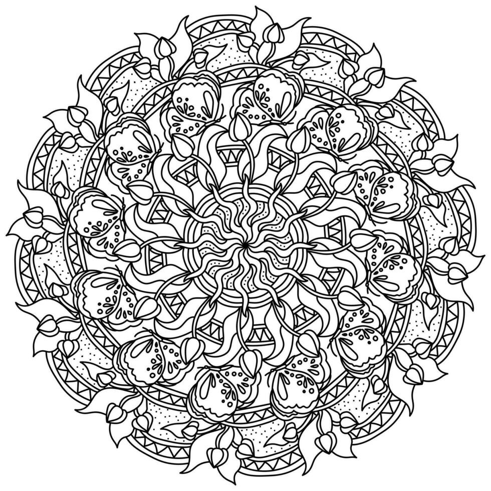 mandala with butterflies and tulips, meditative coloring page with ornate lines vector