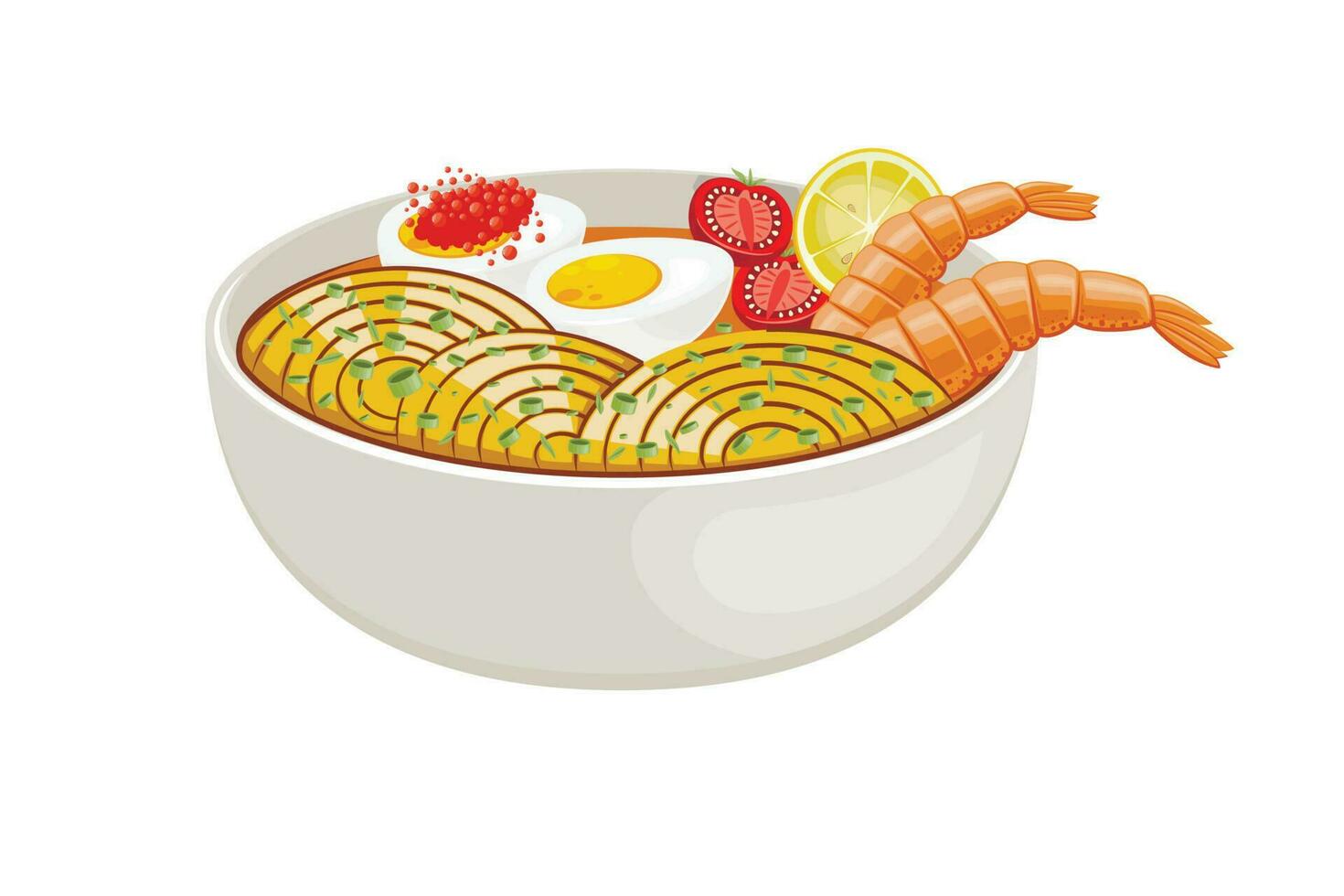 Asian Food Set. Food Bowl with seafood. Japanesse restaurant Menu Design Elements Isolated on White Background. Ramen Noodles vector