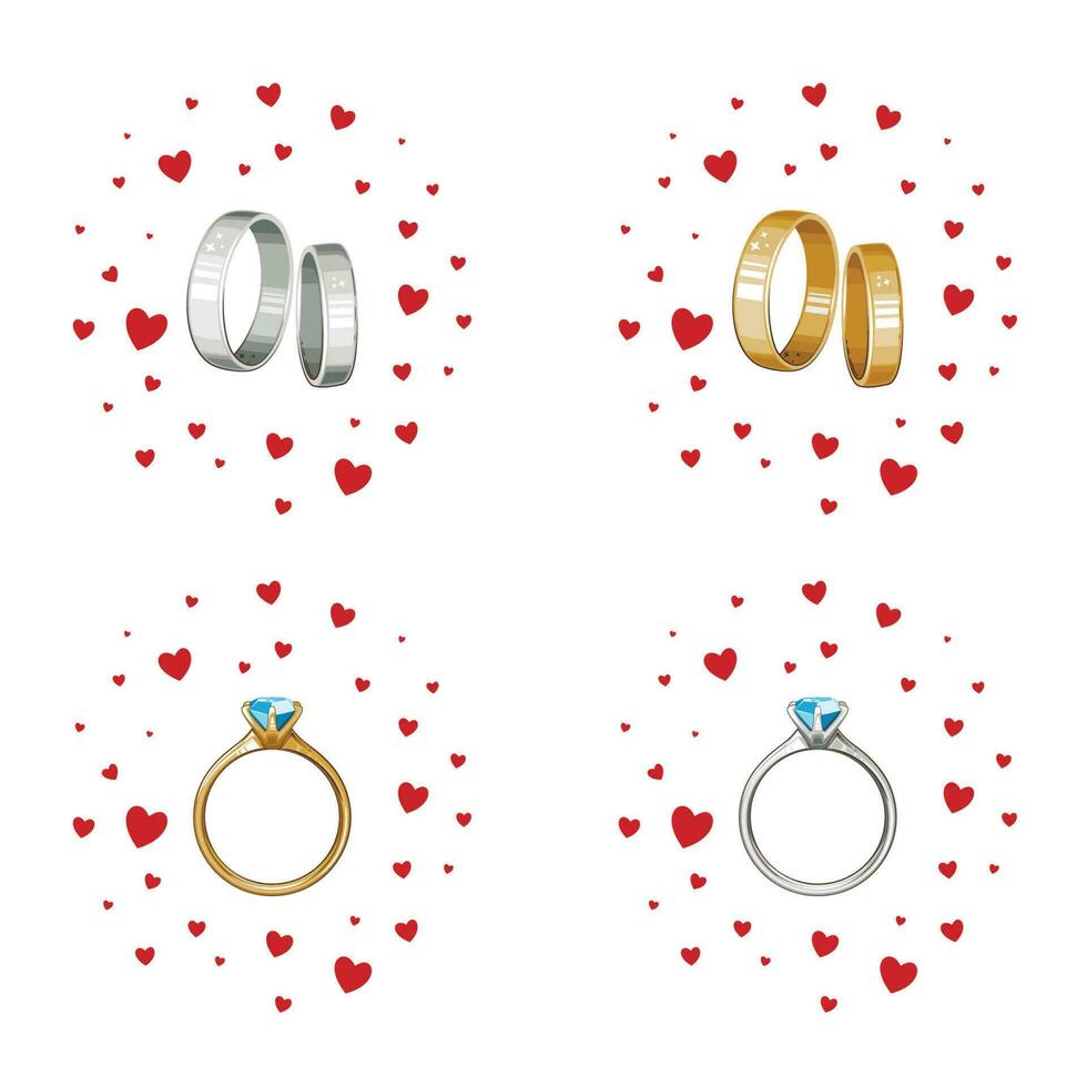 Wedding Ring Illustration, Gold and silver Engagement rings collection, wedding ring set vector