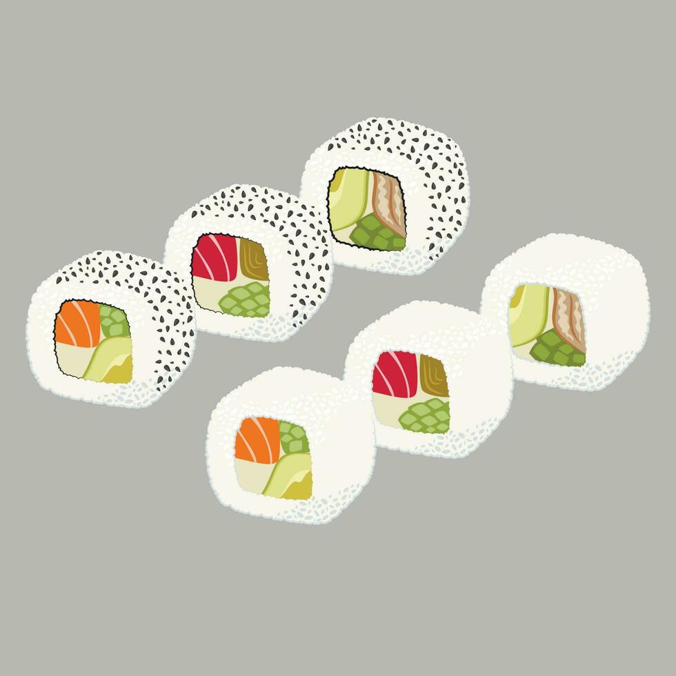 Sushi Roll Set Vector Illustration. Japanese illustration, Asian food set. Japanese Food Concept.