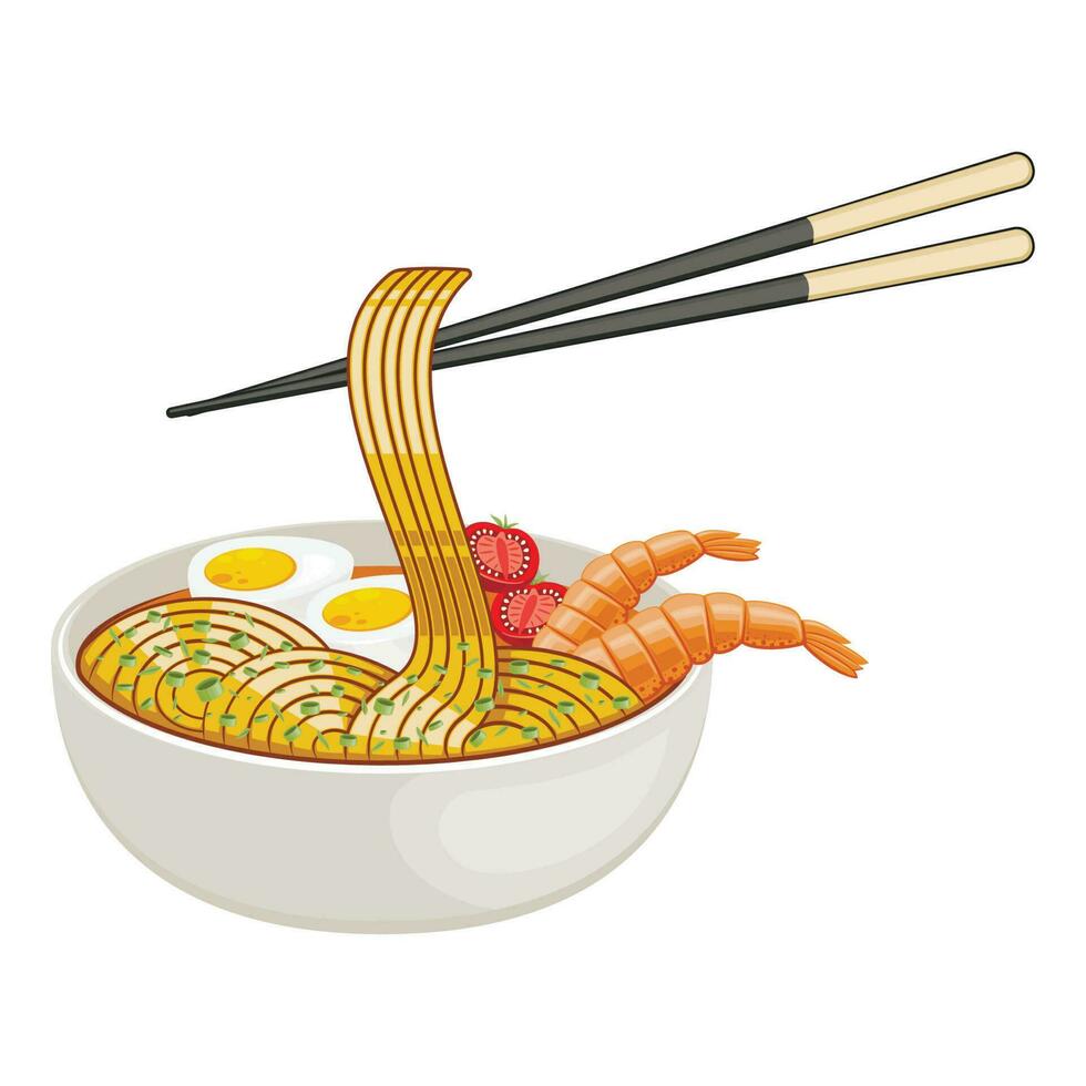 Asian Food Set. Food Bowl with seafood. Japanesse restaurant Menu Design Elements Isolated on White Background. Ramen Noodles vector