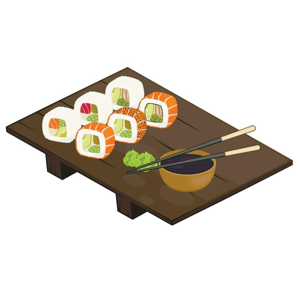 Asian Food Set. Sushi Roll Set. Soy Sauce. Japanese Food Concept vector