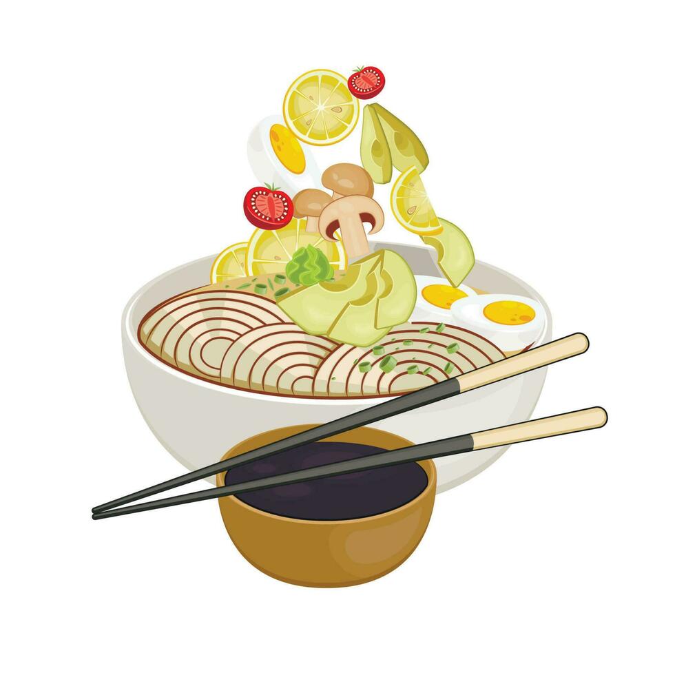 Asian Food Set. Food Bowl with seafood. Japanesse restaurant Menu Design Elements Isolated on White Background. Ramen Noodles vector