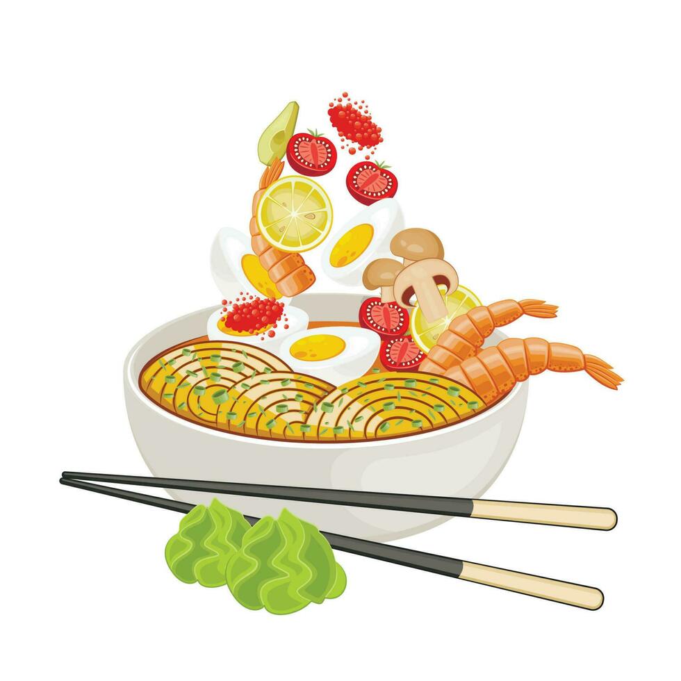 Asian Food Set. Food Bowl with seafood. Japanesse restaurant Menu Design Elements Isolated on White Background. Ramen Noodles vector