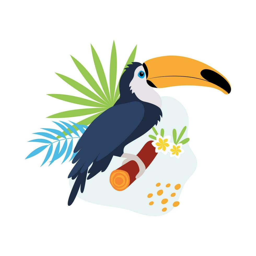 Vector cartoon tropical bird, toucan, tropical leaves, flowers. Bird sticker. Flat illustration isolated on white background