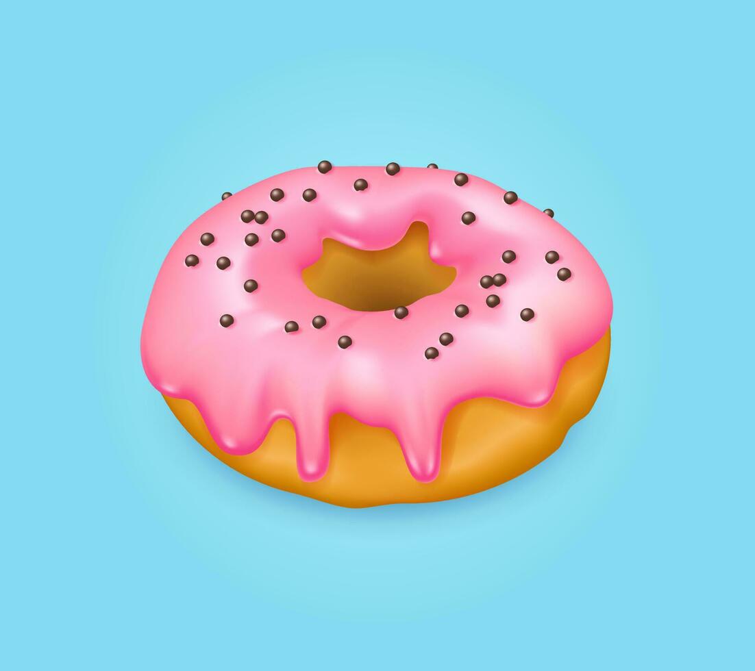 realista rosado vidriado rosquilla rociado con chocolate pelotas. 3d vector ilustración en azul antecedentes