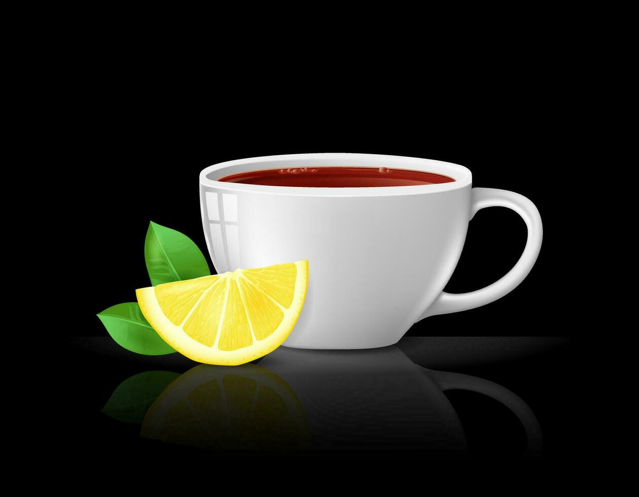 Realistic white cup of tea with a slice of lemon. Black background with reflection. 3d vector illustration