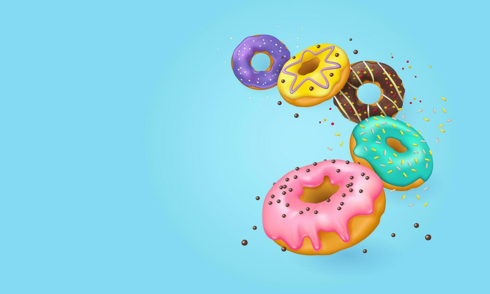 Falling realistic glazed donuts with sprinkles. 3d vector background for web banner, poster, postcard.