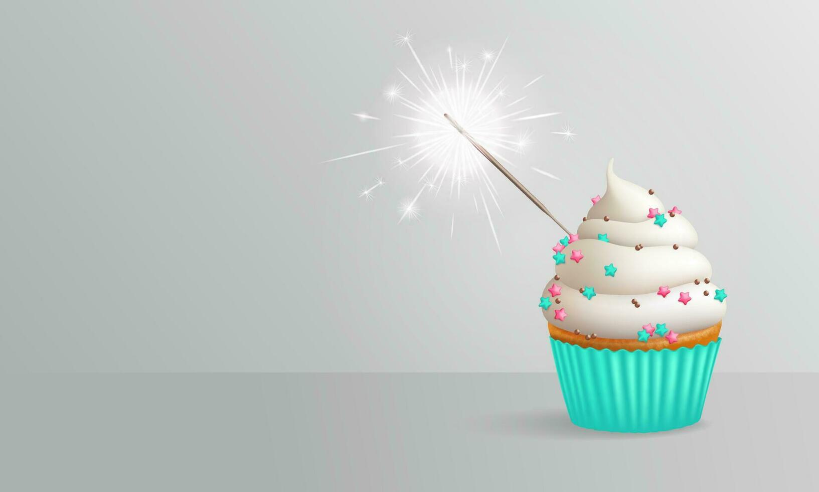 Realistic birthday cupcake with sprinkles and sparkler on background with copy space on the side. 3d vector illustration