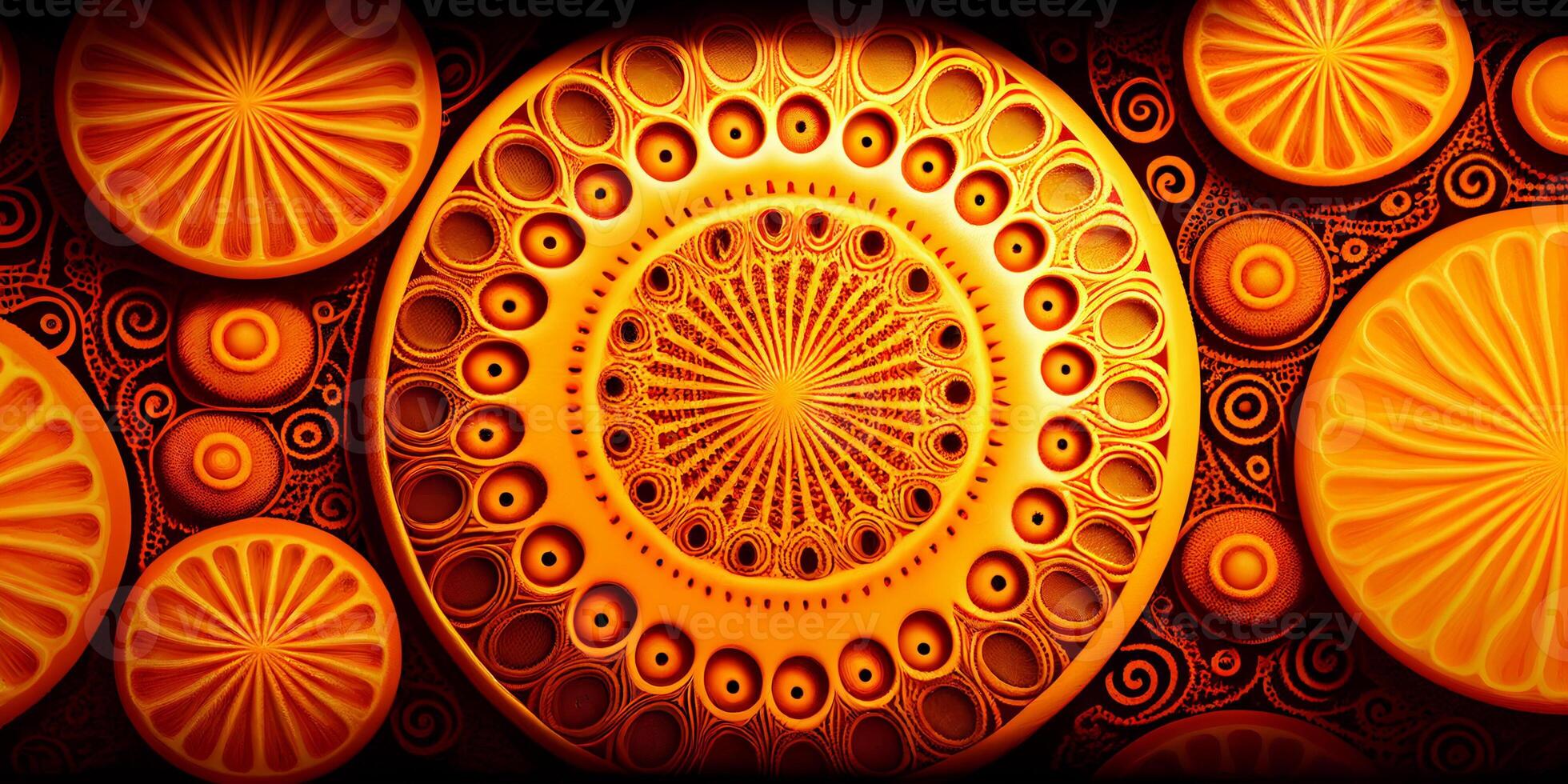 there is a large orange plate with circular design on it. . photo