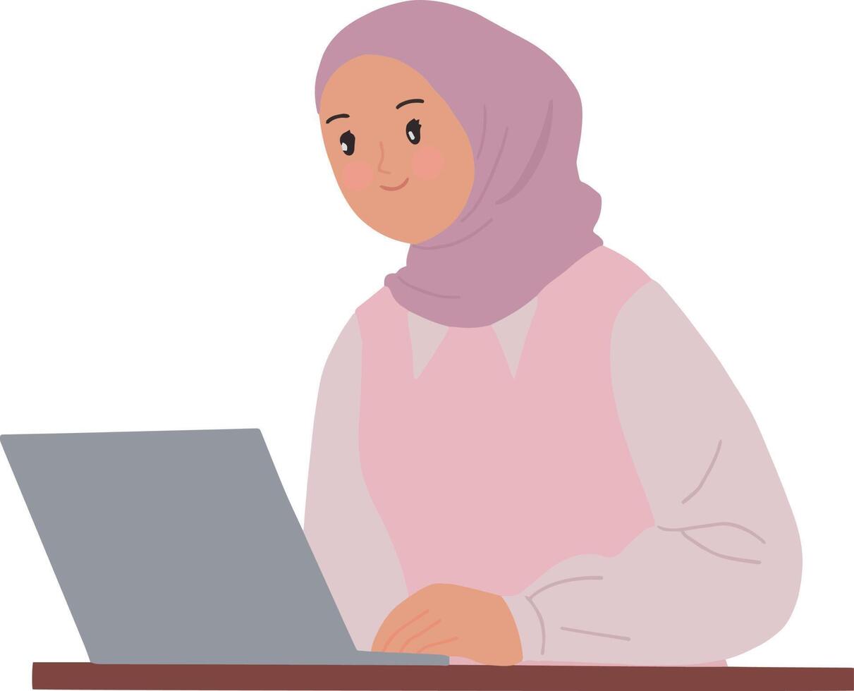 imágenes hijab musulmán mujer trabajo en ordenador portátil ilustración vector