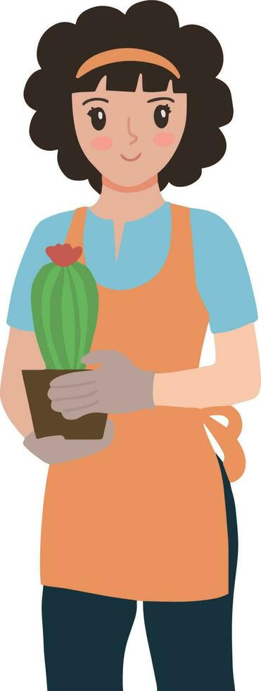 bonito niña jardinero cuyo agricultura que lleva cactus en ambos su mano vector ilustración