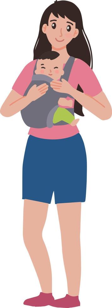 Portrait of young mom holding her baby using sling in the m shape position illustration vector