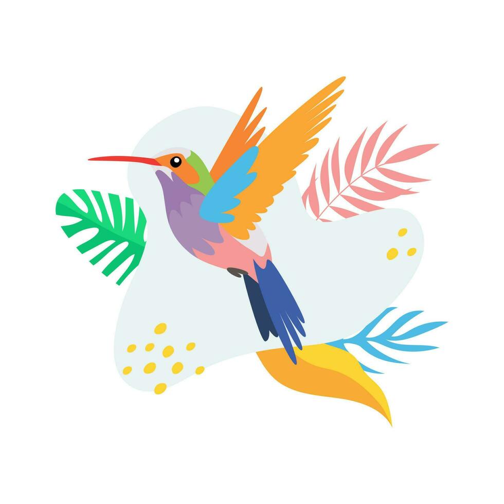 Vector cartoon tropical bird, hummingbird, tropical leaves, flowers. Bird sticker. Flat illustration isolated on white background