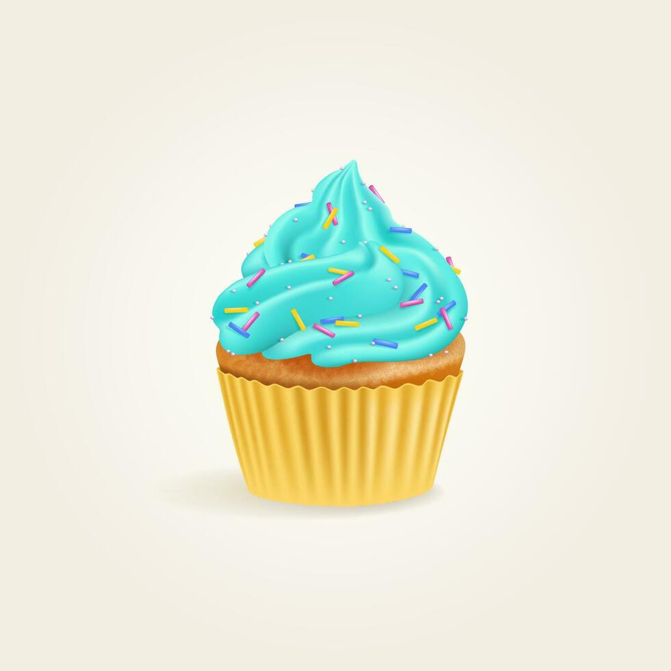 Party cupcake, delicious creamy muffin with sprinkles. 3d realistic vector sweet dessert.