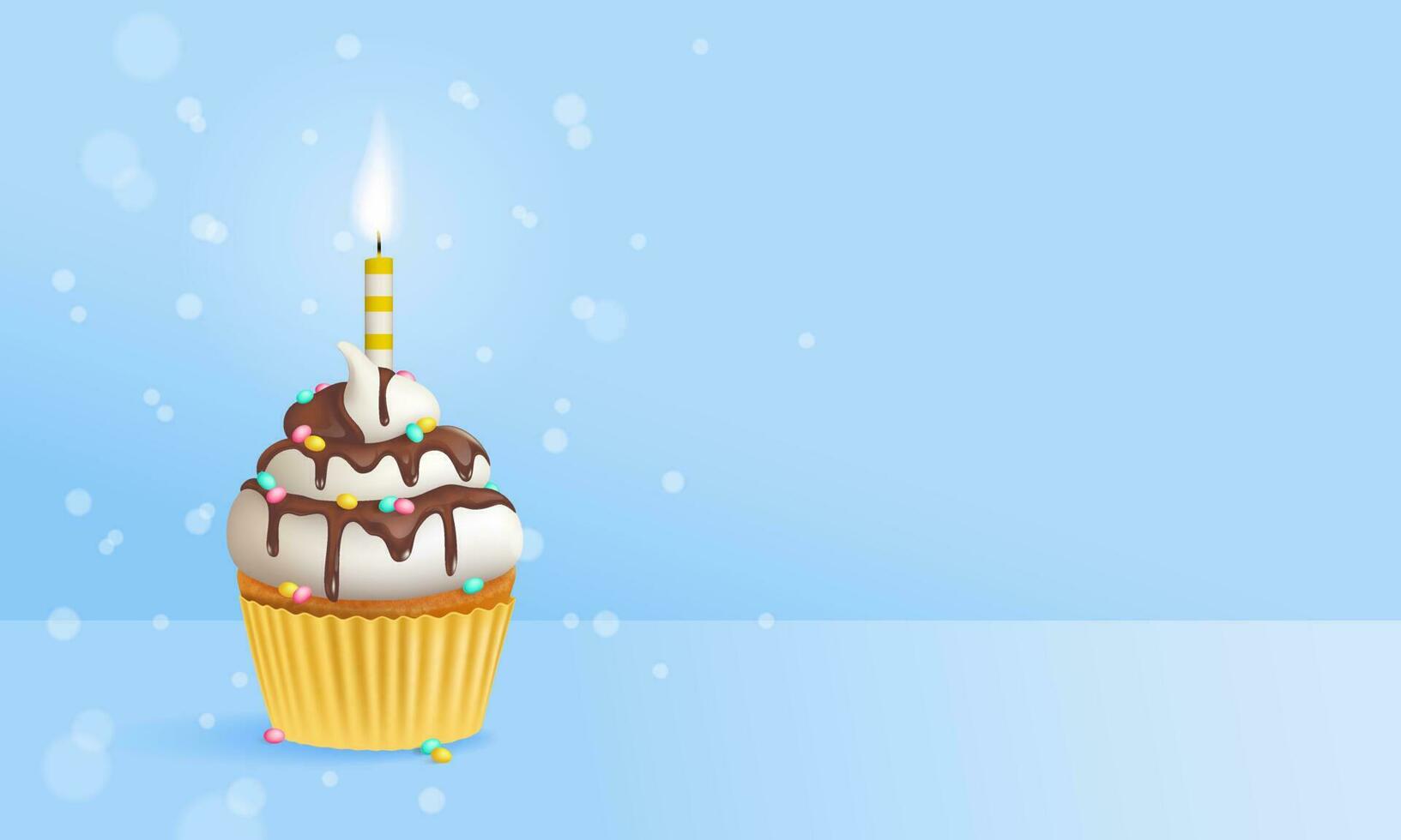 Realistic birthday cupcake with sprinkles and one birthday cake candle on a blue background with bokeh effect with copy space on the side. 3d vector illustration