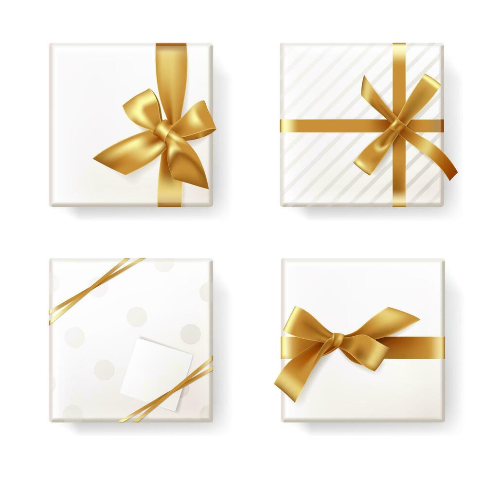Set of realistic decorative white square gift boxes with golden bow and ribbon. Top view. Vector illustration isolated on white background