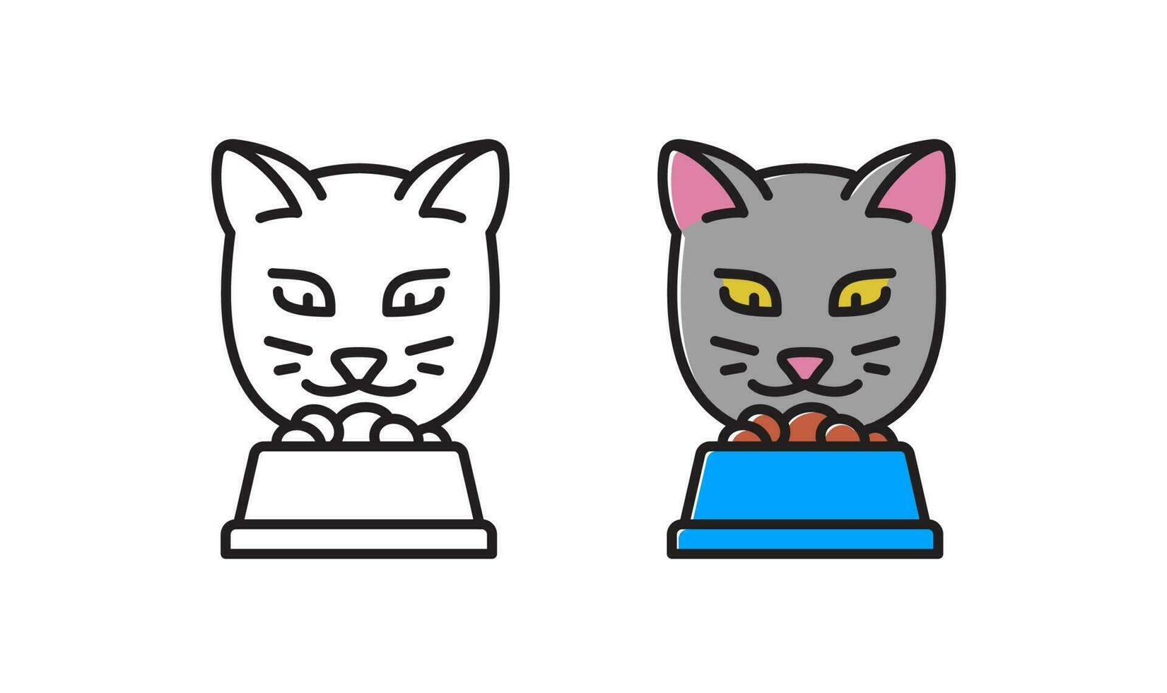 Icon cat with bowl of food. Pet is eating. Vector illustration.