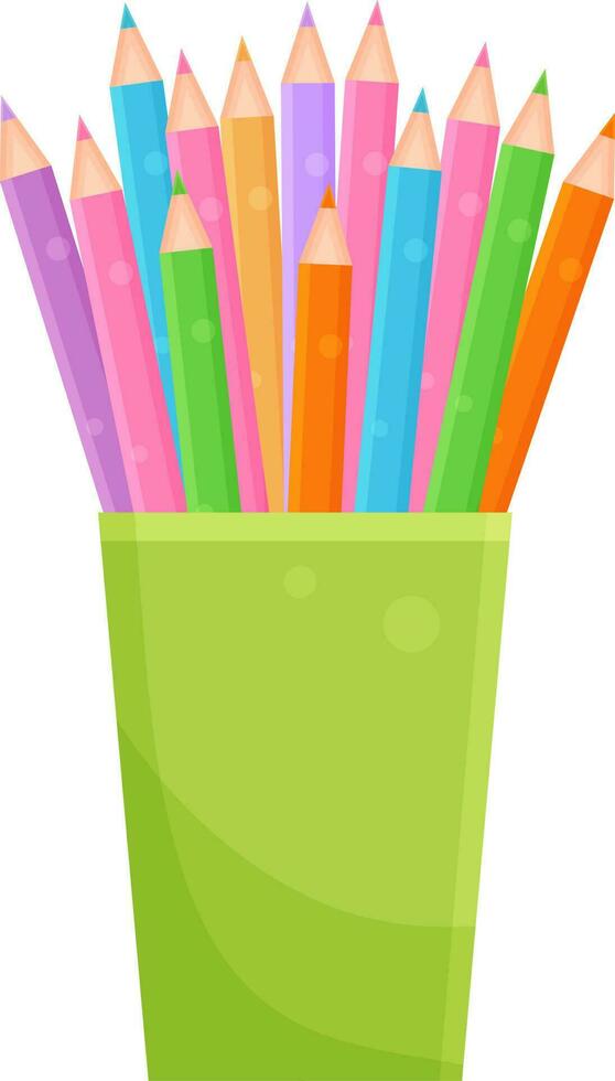 bright vector illustration of stationery in a green glass, school and office supplies, back to school