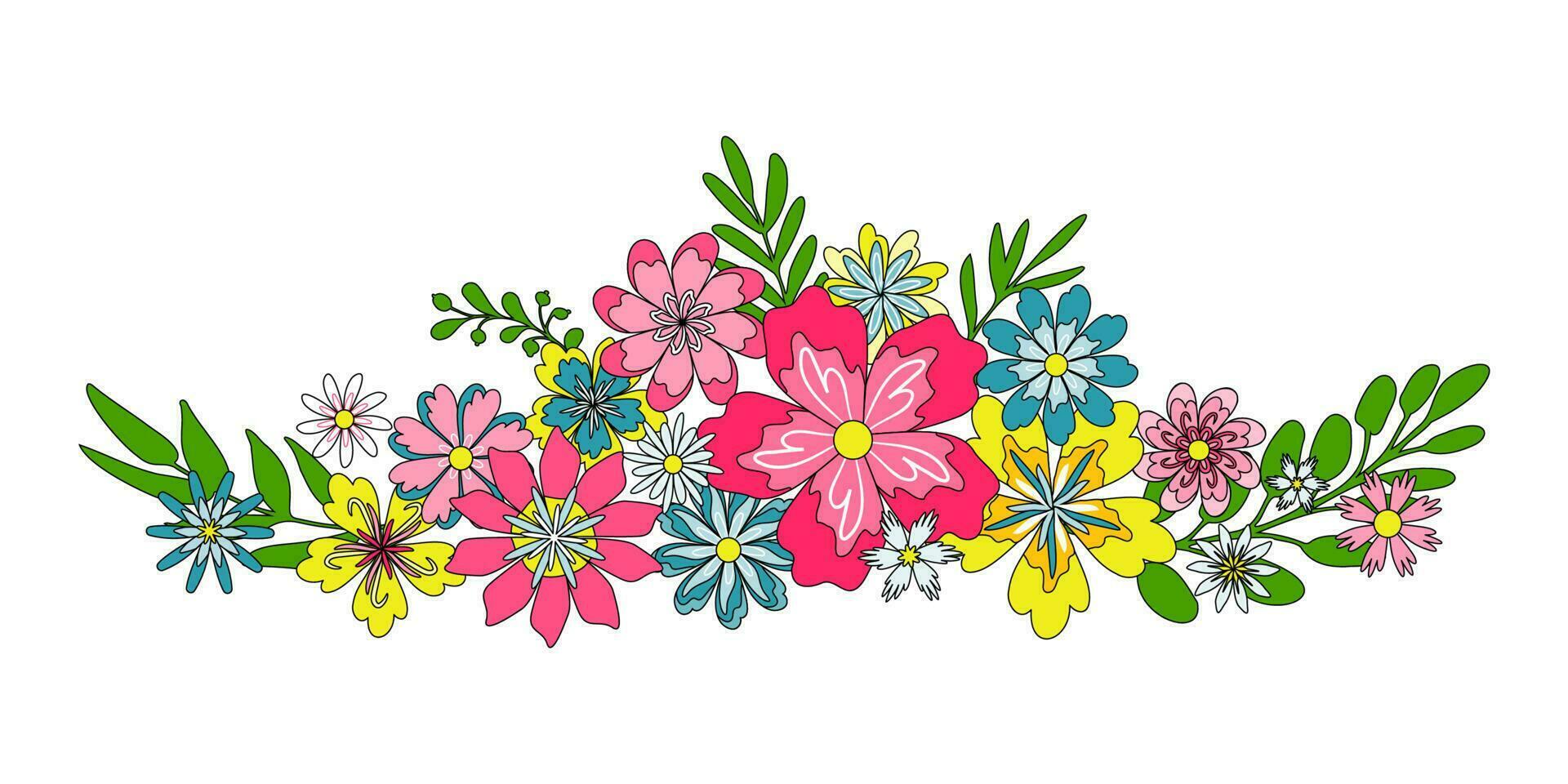 Bright retro flowers in long horizontal border vector