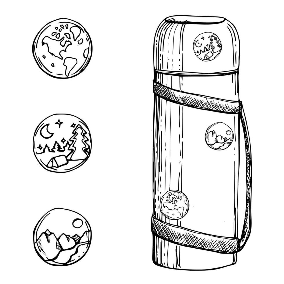 Ink hand drawn vector graphic sketch of isolated object. Travel accessory for tourist, vacuum flask with stickers and pins. Design for tourism, travel, brochure, booklet, guide, print, card, tattoo.
