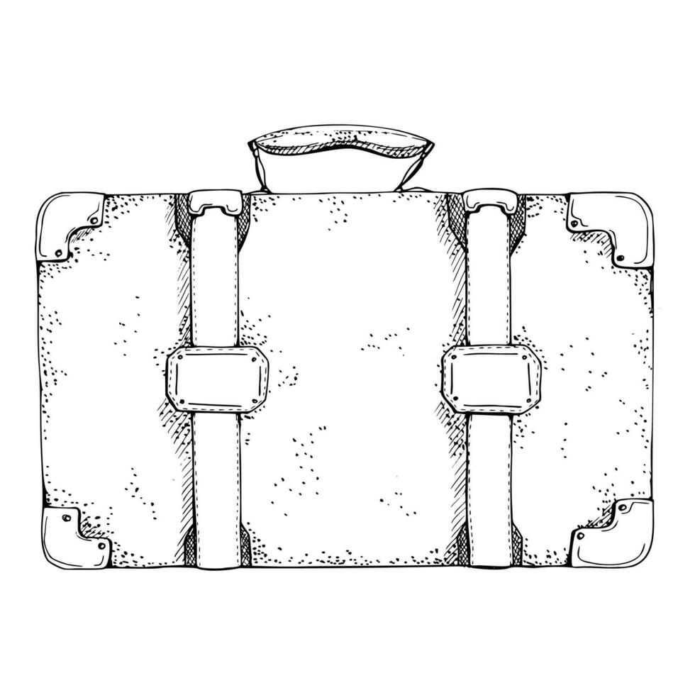 Ink hand drawn vector graphic sketch, silhouette of isolated object. Old vintage retro leather suitcase luggage baggage. Design for tourism, travel, brochure, wedding, guide, print, card, tattoo.