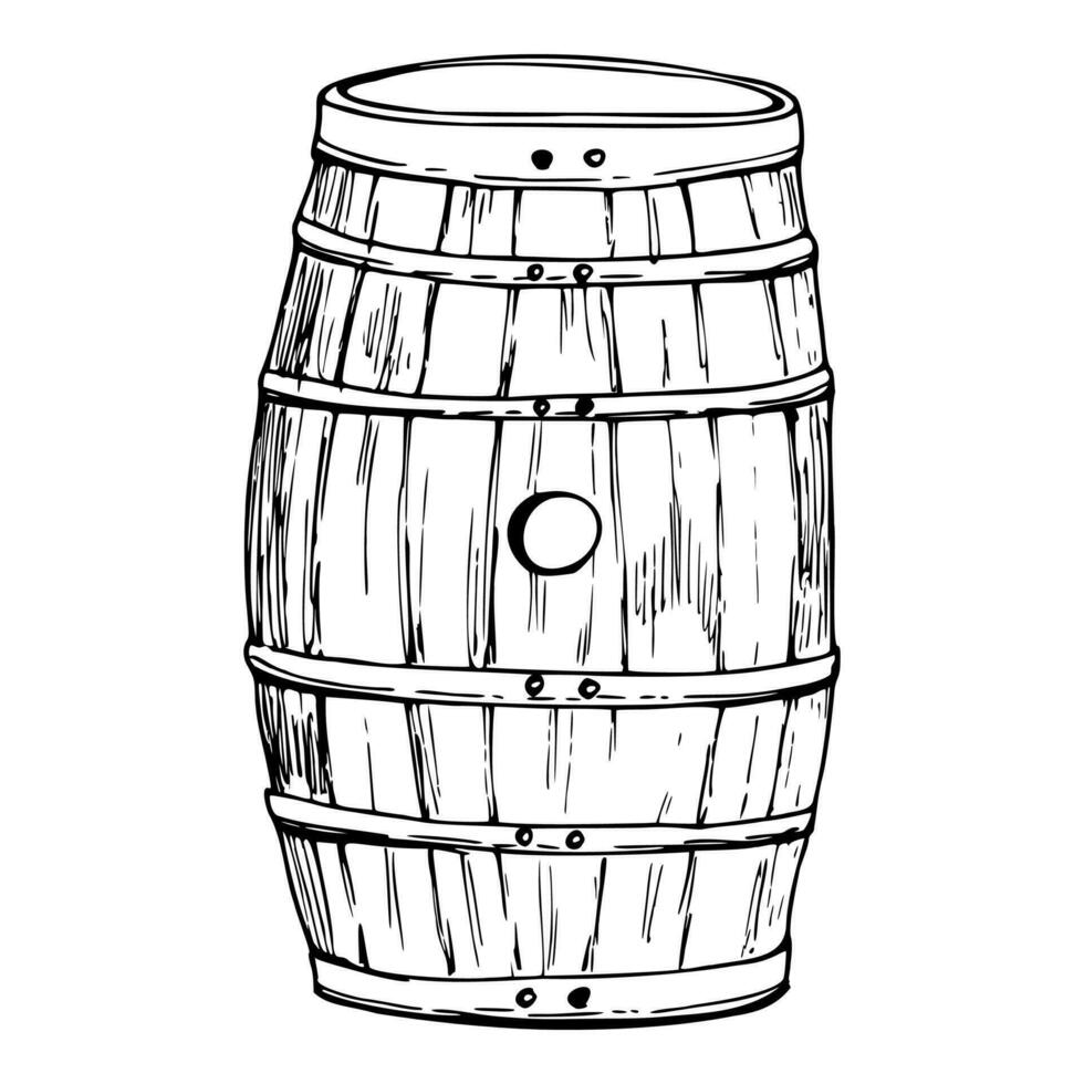 Ink hand drawn vector sketch of isolated object. Wooden barrel side and top view for storing liquor whisky whiskey sherry beer. Design for tourism, travel, brochure, guide, print, card, tattoo, menu.