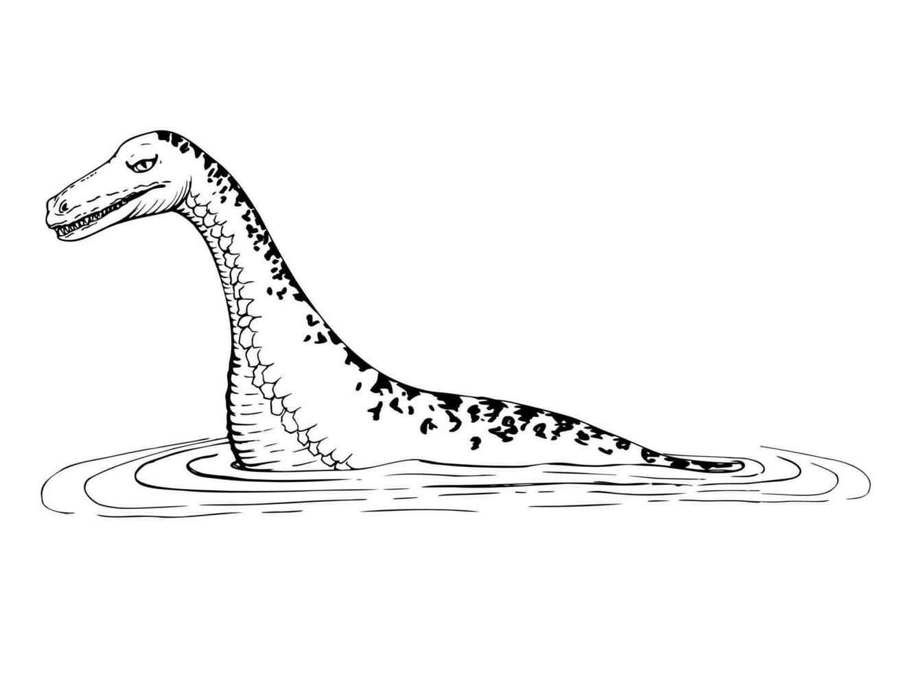Ink hand drawn vector sketch of isolated object. Loch Ness ancient Nessie monster animal, Scotland symbol. Dinosaur plesiosaurus. Design for tourism, travel, brochure, guide, print, card, tattoo.