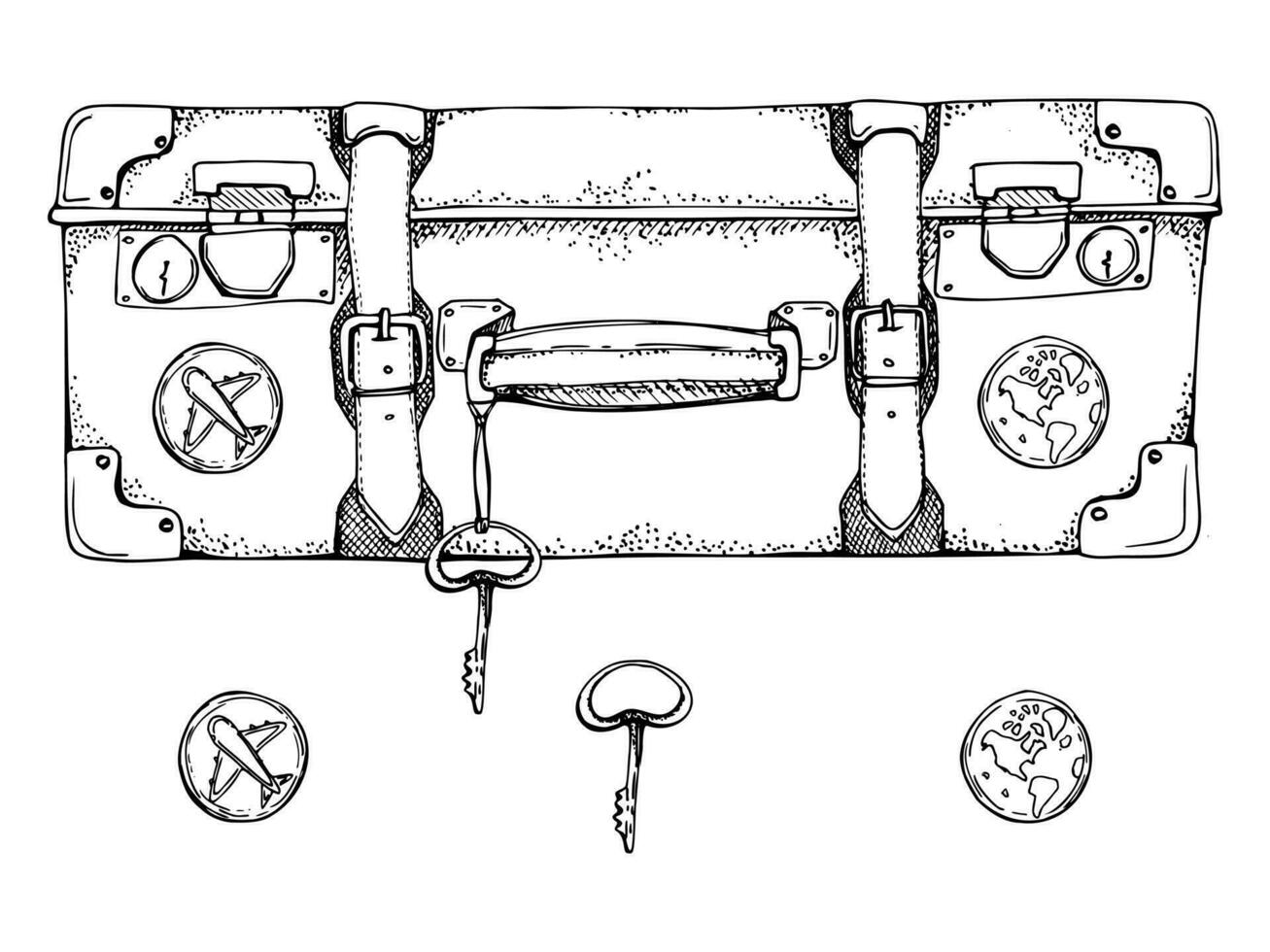 tinta mano dibujado vector bosquejo de aislado objeto. retro Clásico maleta con pegatinas y patas, equipaje equipaje íconos llave. diseño para turismo, viajar, folleto, boda, guía, imprimir, tarjeta, tatuaje.