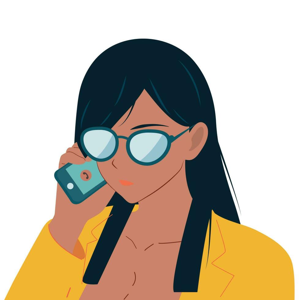 un niña con lentes es hablando en el teléfono. oficina obrero. negocio y negociaciones. vector