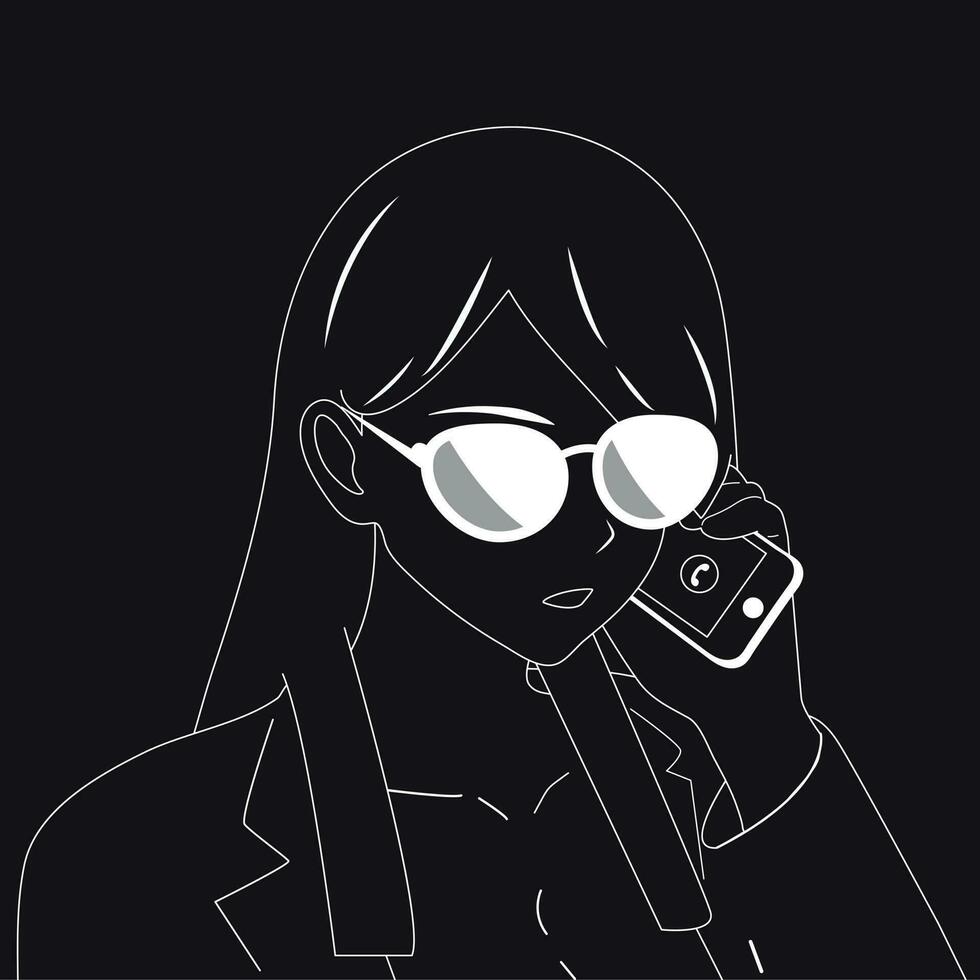 Black and white.Girl with glasses talking on the phone. Office worker. Business and negotiations. vector