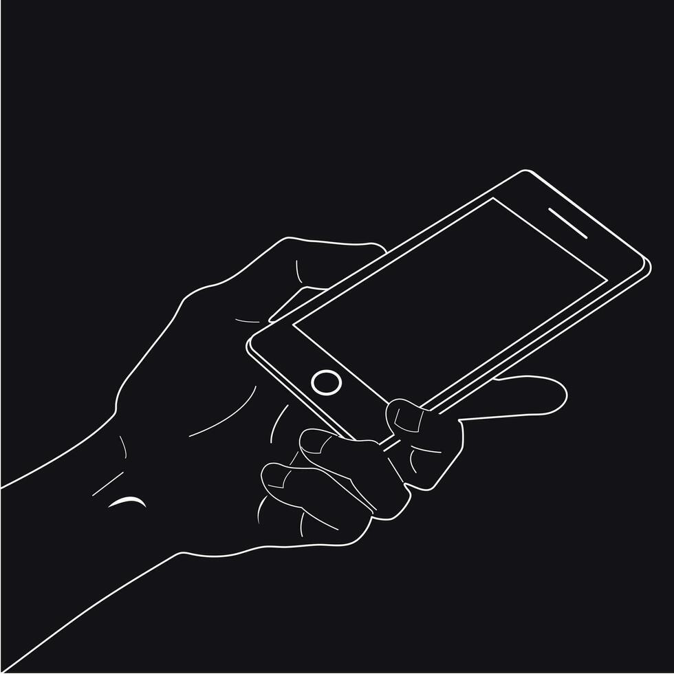 Black and white image. A hand holds a phone. Communication. vector