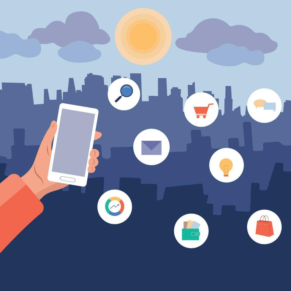 Use smartphone to communicate around the world. Smartphone functions and great features.Vector