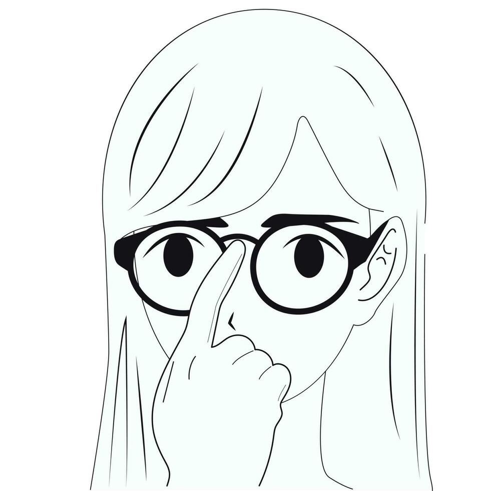 Black and white vector.Girl adjusts her glasses. Poor eyesight. vector